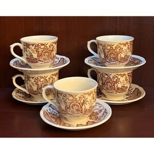 Vintage Meakin Fair Winds NY Harbor Brown Transferware Tea Cup Saucer Set of 5